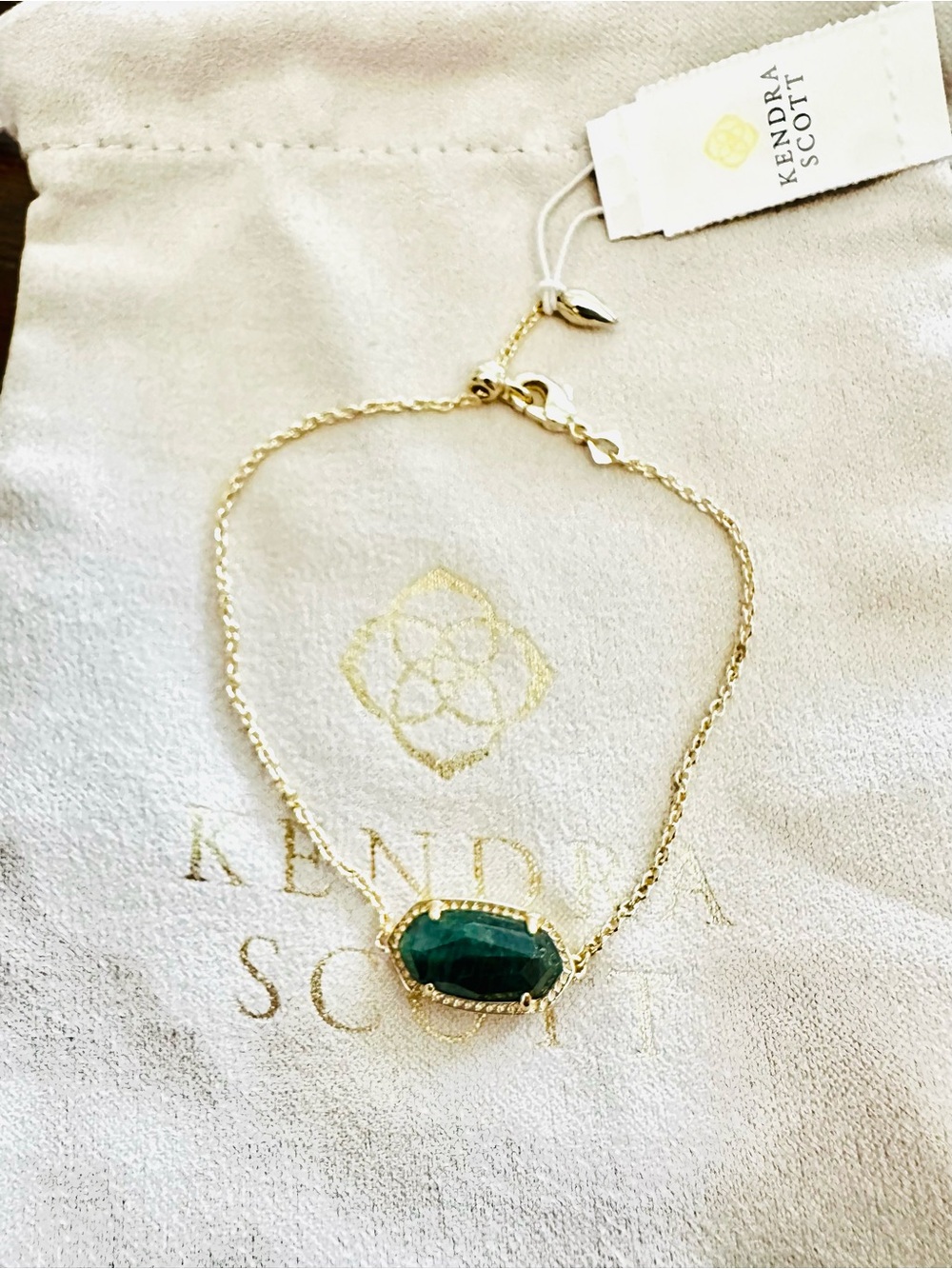 Kendra Scott Gold Bracelet with Dark Green Stone